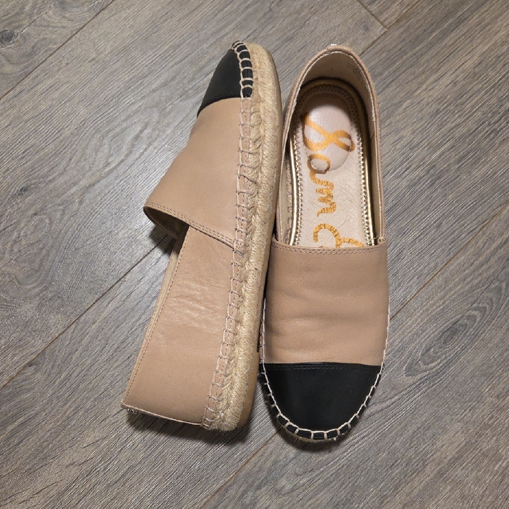Leather Espadrille Flats in Beige with Black Cap Toe